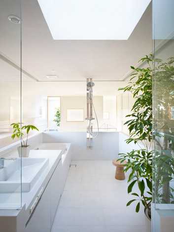 белая ванная комната с зеленью