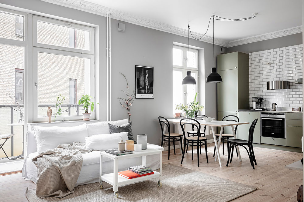Класс! Белый диван и оливковая кухня: красивая скандинавская квартира в Гетеборге (58 кв. м)
