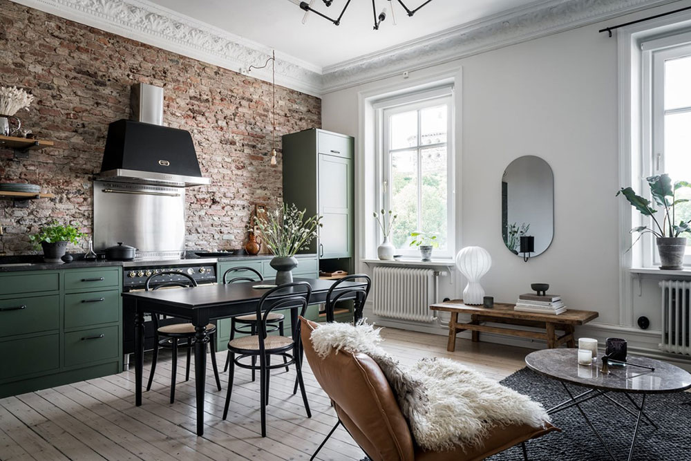 Зелёная кухня и кирпичная стена: квартира в Стокгольме (50 кв. м) 〛 ◾ Фото  ◾ Идеи ◾ Дизайн