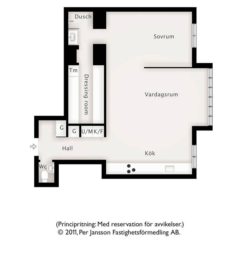 Стеклянная перегородка и стена из латуни: квартира с открытой планировкой в Швеции (65 кв. м)