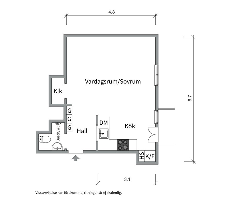 Открытая планировка, спальня за шторкой и уютный зелёный балкон: милая небольшая квартира в Швеции (37 кв. м)