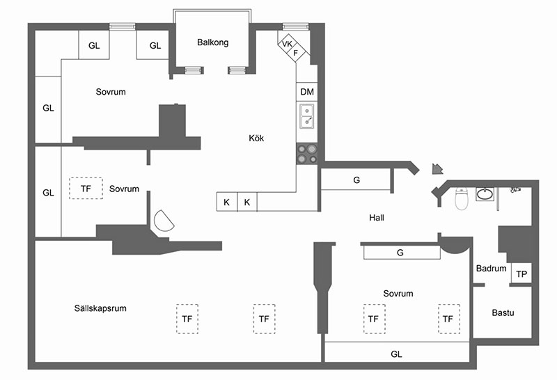 Мансардная квартира с чёрной кухней и сауной в Швеции (105 кв.м)
