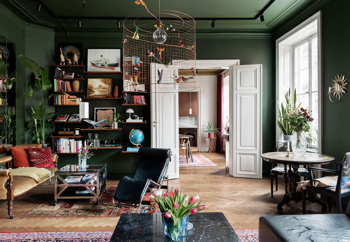 Скандинавская квартира с тёмно-зелёной гостиной 〛 ◾ Фото ◾ Идеи ◾ Дизайн